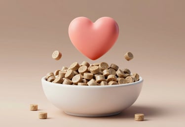 A 3D render of a bowl filled with nutritious food pellets, with a stylized 3D heart icon floating above it. The scene uses #4F6C5B and #F8F9F3 to signify healthy and clean feeding practices.