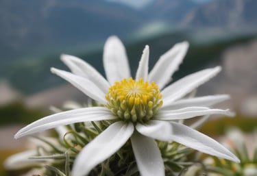 Close-up of a delicate edelweiss flower blooming amidst rugged alpine rocks under soft sunlight.