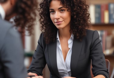 Photo of a professional lawyer consulting with a client in a bright office with blue tones.
