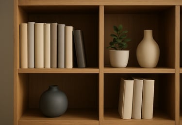 A clean and organized bookshelf in a Central European study room. It includes psychology books, a small green plant, and ceramic decorative elements in cream and slate grey colors.