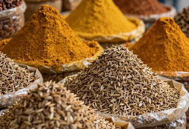 An aromatic spice bazaar display scene in India, vibrant warm golden colors, stacks of whole cumin seeds beautifully presented.