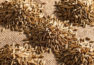 A detailed, colorful overhead shot of piles of whole cumin seeds spread out on dry jute cloth, under bright golden sunlight, rich texture.