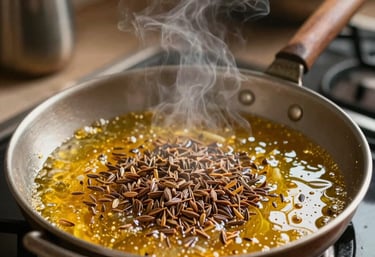 A cozy, warm South Asian / Indian kitchen scene showing a traditional pan tempering cumin seeds in sizzling ghee, releasing soft aromatic steam.
