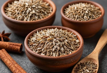 A beautiful setup of raw cumin seeds neatly arranged in clay bowls next to rustic wooden kitchen spoons, surrounded by cinnamon sticks and whole spices.