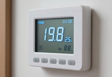 A close-up of a modern, clean digital thermostat on a white wall, showing a perfect indoor temperature setting, blue ambient lighting.