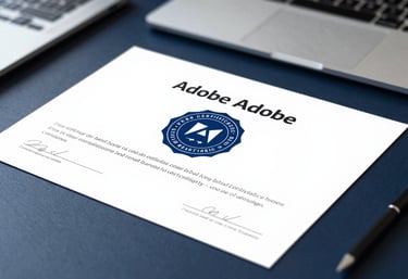 Close up of an official Adobe certification seal on a high-quality certificate, resting on a dark navy desk (#1F3F6B) with professional equipment in the background.