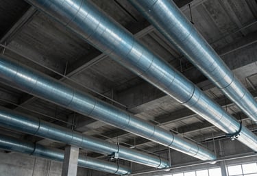 An interior architectural shot of a massive terminal project, focusing on the high-ceiling steel duct integration in muted steel blue.