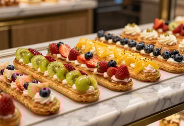 A vibrant display of colorful French fruit tarts and éclairs on a marble counter, reflecting an elegant but welcoming bakery atmosphere in France, golden tan tones.