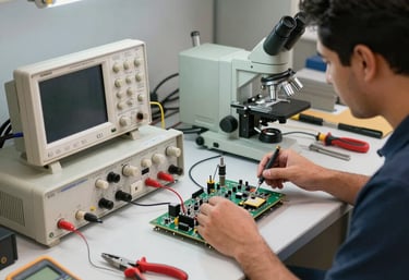 Technician carefully repairing a vintage guitar with professional tools in a cozy workshop.