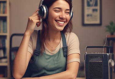 A family gathered around a tablet, listening to a Christian radio broadcast with smiles and peaceful expressions.