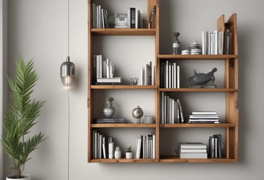 Handyman assembling a wooden bookshelf in a bright living room.