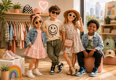 Diverse group of children wearing trendy kids fashion and sunglasses in a stylish clothing boutique.