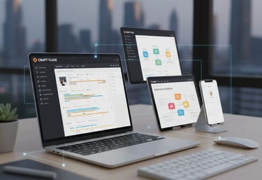 Digital workflow automation software displayed on a laptop, tablet, and smartphone in a modern office.