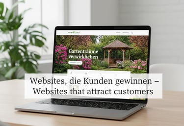 Laptop displaying a gardening website design on a wooden desk to attract new customers.