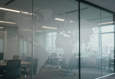 A glass wall in a modern office with a subtle world map graphic, symbolizing international business connectivity.