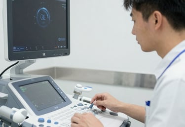 Detailed catalog page showing ultrasound transducers and accessories with descriptions.