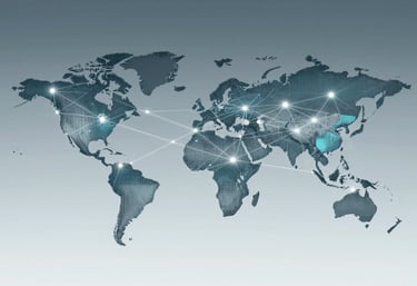 An abstract visualization of a digital supply chain network over a globe, representing global resource integration. Modern and tech-focused, using #3C6B6D and #9FBDBA colors.