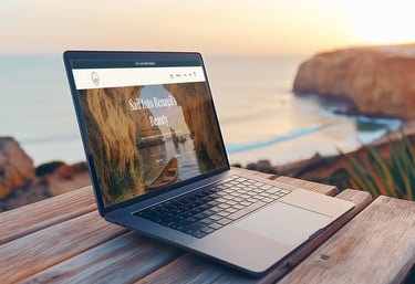 MacBook Pro displaying mobile-responsive boat tour website design on an Algarve balcony