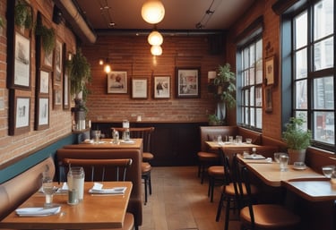 Cozy rustic dining room with wooden tables and warm lighting.