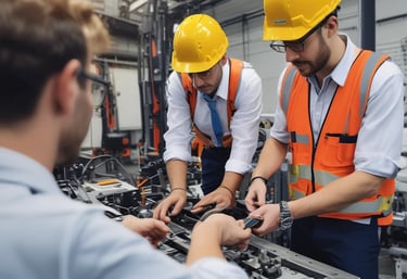 A friendly consultant discussing plans with a small business team in a bright, modern office.