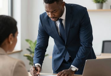A professional notary in navy blue attire carefully reviewing documents at a sleek, minimalist desk.