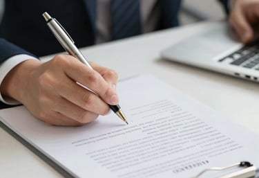 Close-up of hands signing a real estate closing document with a gold pen on a charcoal gray surface.