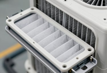 Macro shot of a clean, high-efficiency air filter being slid into a modern HVAC system, focusing on technical precision and cleanliness in a North American setting.