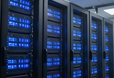 A high-tech North American / US server room with glowing Steel Blue lights, conveying data security, modern innovation, and performance.