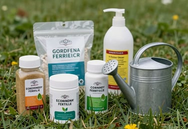 A collection of eco-friendly gardening fertilizers and a watering can on grass, Europeu / Britânico