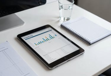 A high-angle view of a clean, organised workspace featuring a financial tablet, a notepad, and a glass of water in a bright, professional British office.