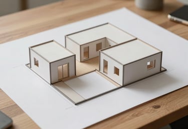 A minimalist architectural drawing or a scale model of a customizable modular house layout on a wooden desk, professional and clean aesthetic.