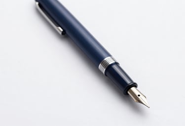 Close-up of a professional fountain pen resting on a clean white surface with sharp focus. Colors: #1E3A4D, #F5F8FA.