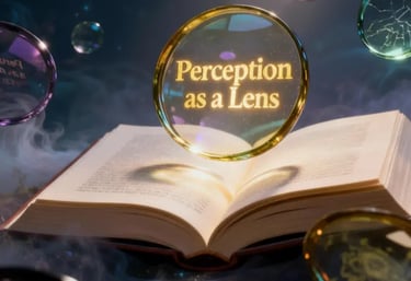 “Glowing orb reading ‘Perception as a Lens’ above an open book, with floating bubbles in a cosmic, misty background.”