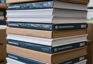A stack of premium office supplies and packaging materials organized in a distribution center, International Business.