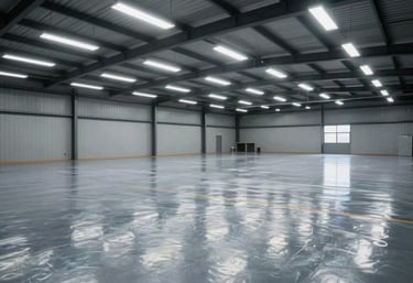 A sharp, clear photograph of a polished warehouse floor reflecting modern overhead LED lighting, showcasing superior industrial floor care results.