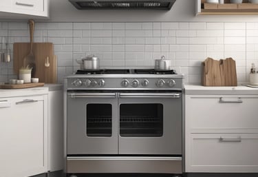 Bright, clean kitchen scene showing a refrigerator and stove with tools ready for repair.