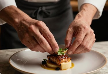 A detailed shot of a chef's hands masterfully garnishing a gourmet dish in a sophisticated Southern European restaurant. Lighting is warm and atmospheric, palette of tan and charcoal.