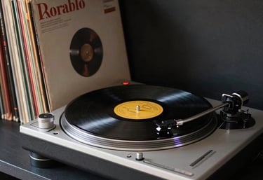 A collection of classic vinyl records and a high-end turntable on a charcoal-colored shelf. The aesthetic is authentic and professional, reflecting a deep passion for good music.