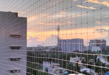 Before and after images showing a balcony without and with anti-pigeon nets installed.