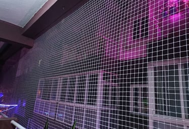 A clean, well-installed pigeon net shielding a balcony from birds in a sunny Chromepet neighborhood.