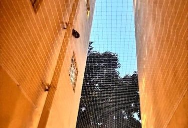Close-up of a securely installed safety net over an apartment duct area.