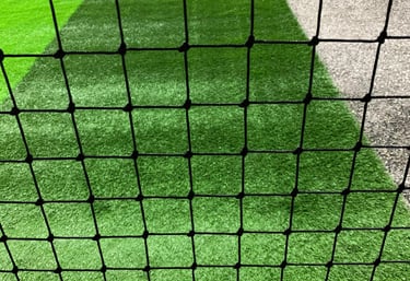 A freshly installed football practice net on a sunny day in Pallavaram.