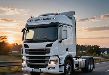 A sleek, white modern truck driving on a highway during a golden sunset, motion blur, representing speed and reliability, amber and dark blue colors. Central European / Swiss German.