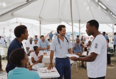 A compassionate paramedic helping a patient into an ambulance in a sunny neighborhood.