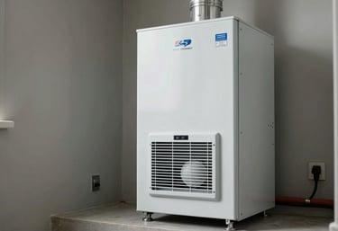 A brand new, energy-efficient furnace system installed in a North American / US utility room, clean lines, professional finish.