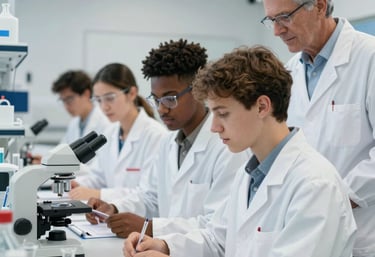 A diverse group of medical students studying together, smiling and engaged in discussion.