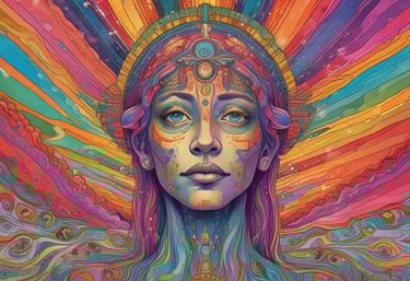 a woman with a colorful headdress and a colorful painting of a woman '