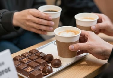 Visitors enjoying chocolate and coffee tasting in the lush Arboretum Volčji Potok.
