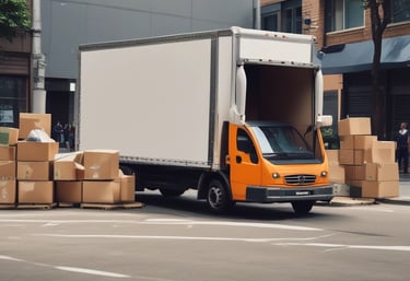 A delivery truck loaded with cargo boxes ready to depart from a busy warehouse.