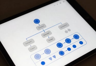 Close-up of a tablet showing an app architecture diagram with clean blue lines. Professional, high-tech, International / European aesthetic.